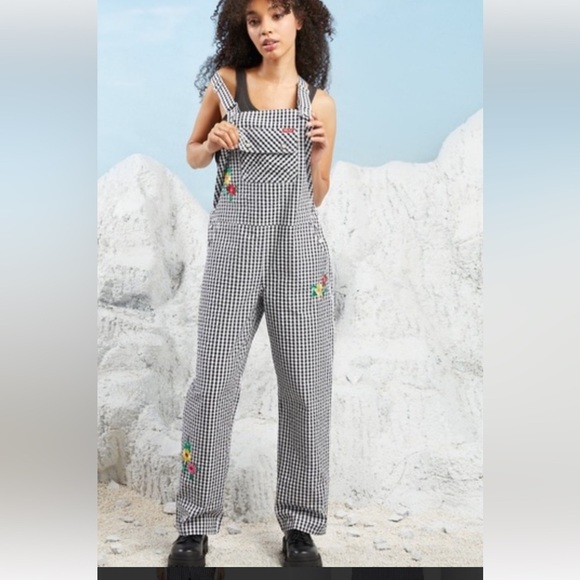 Teddy Fresh Pants - Teddy Fresh Black and White Gingham Jumpsuit with Floral Embroidery